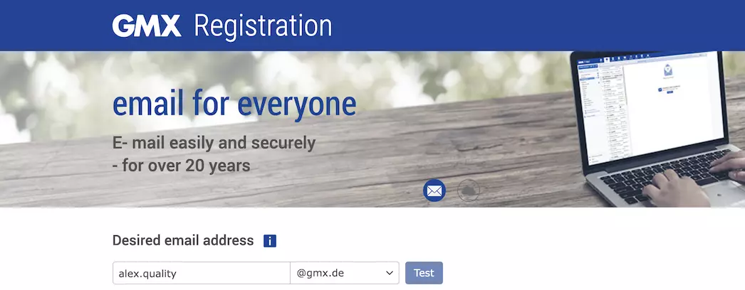 Strona rejestracji GMX z polami informacyjnymi