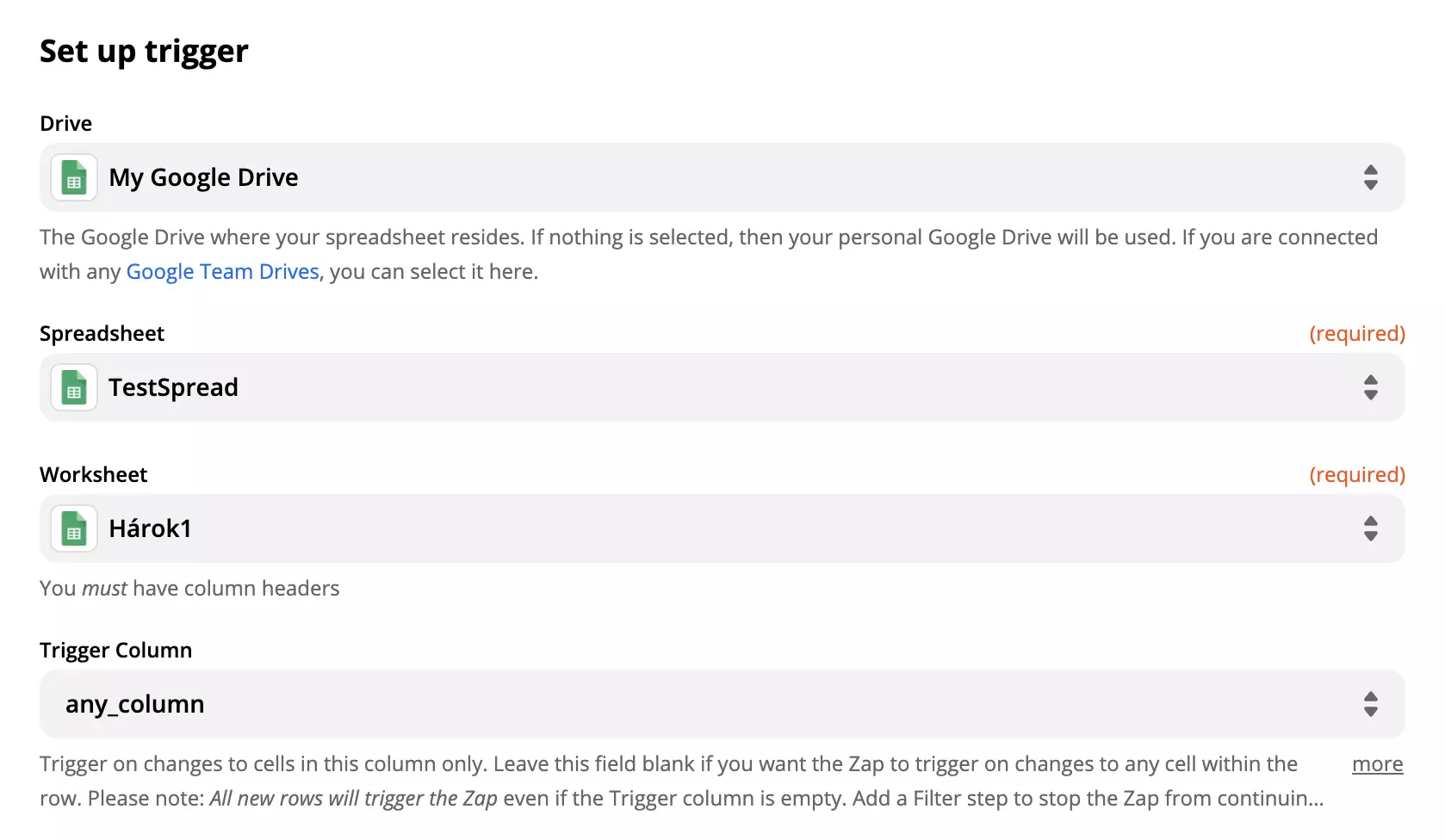 Google Sheets trigger setup options and fields