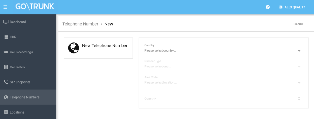 Creation of new phone number in GoTrunk dashboard