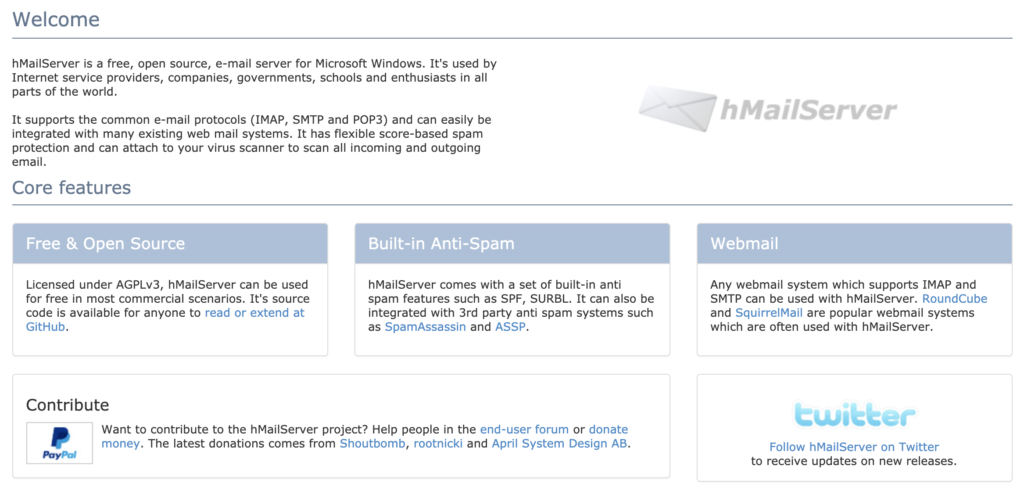 hMailServer homepage with core features