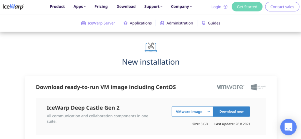 Witryna IceWarp z sekcją instalacji i linkami do pobrania