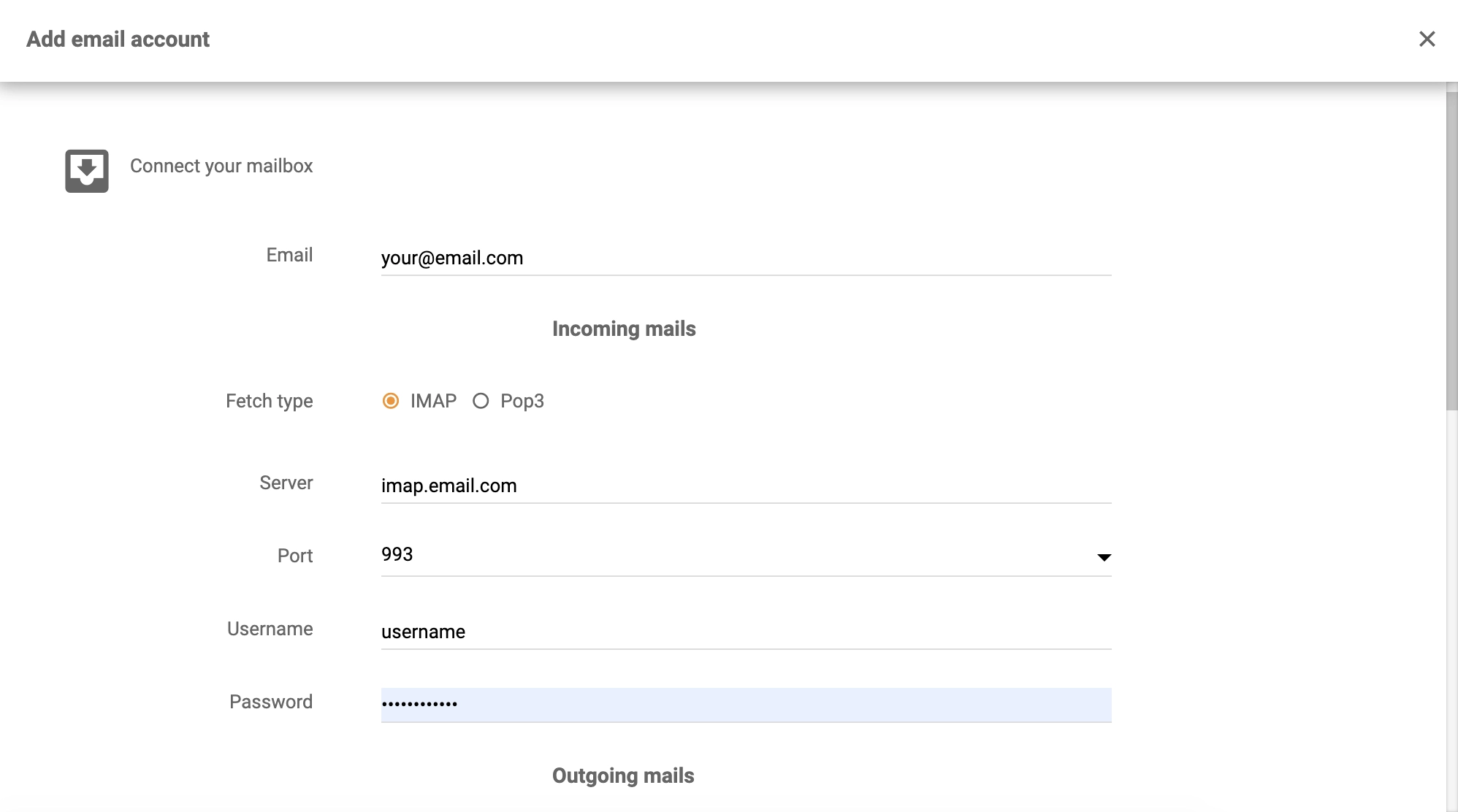 Sekcja Connect your mailbox integracji Axigen