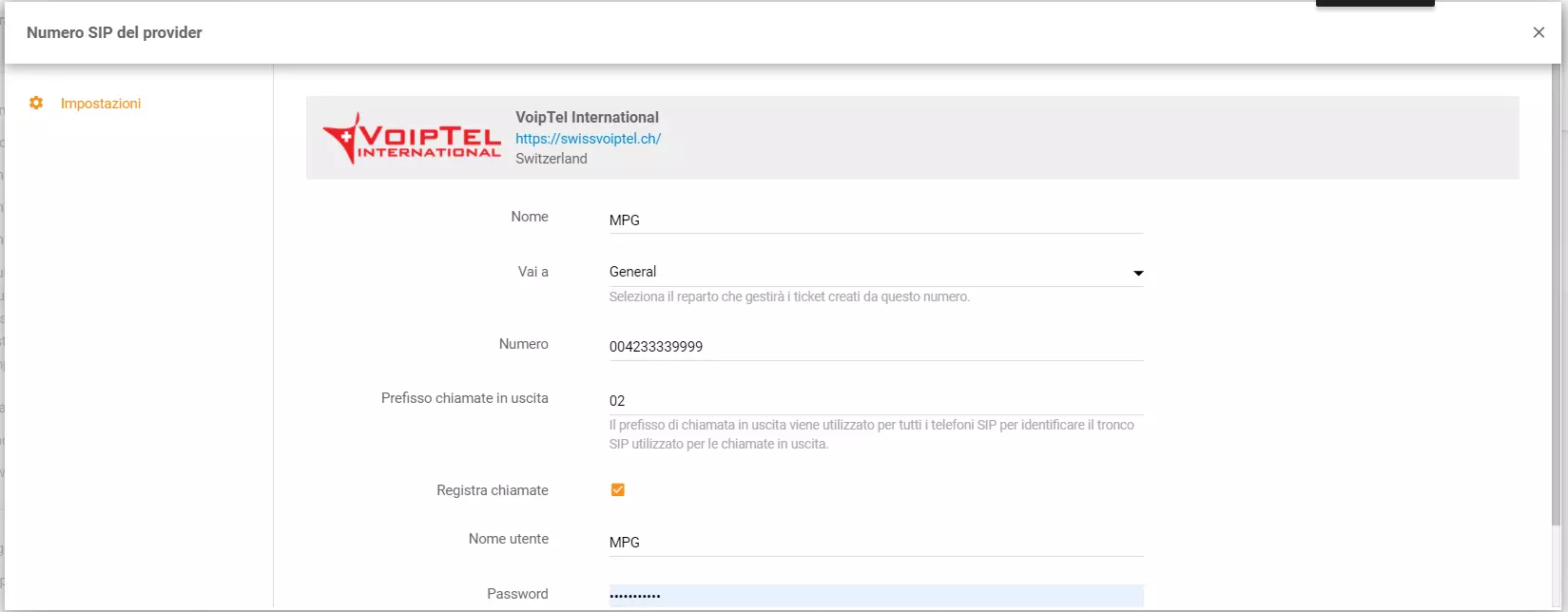 Insert VoipTel International credentials in LiveAgent