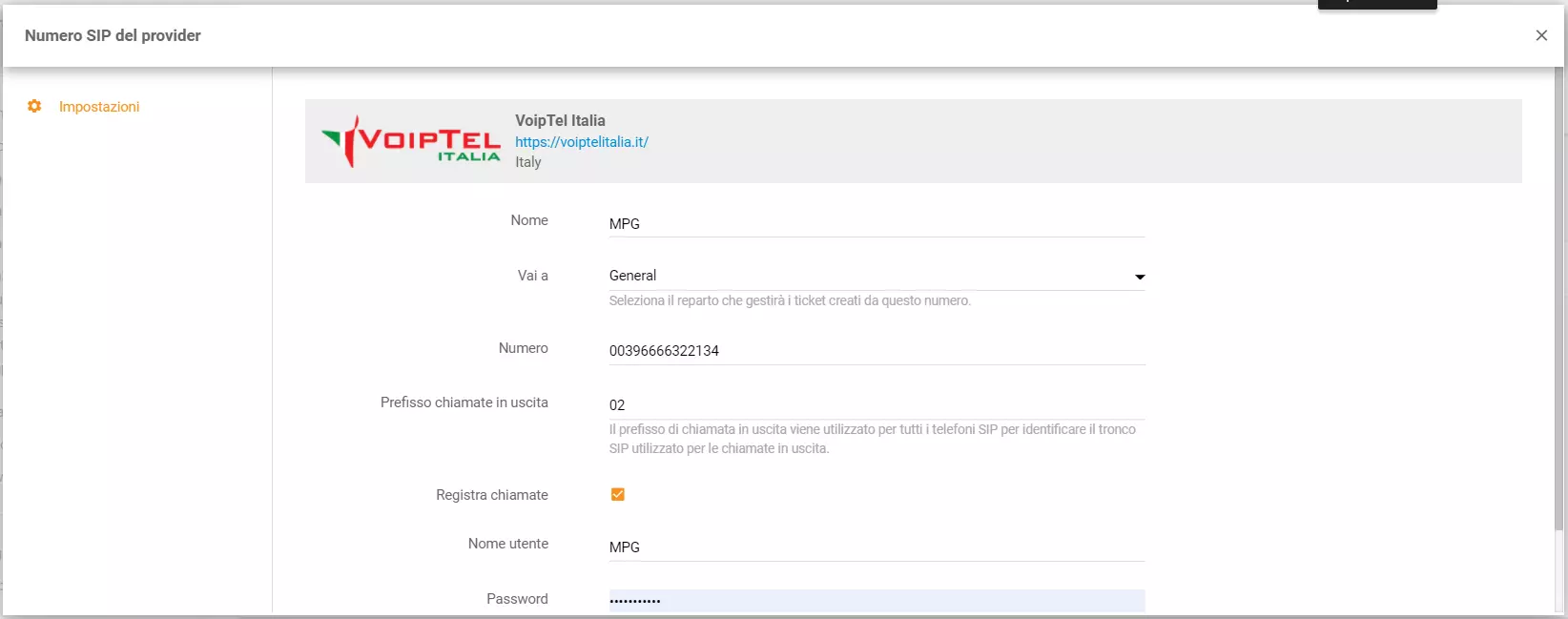 Poświadczenia VoipTel Italia