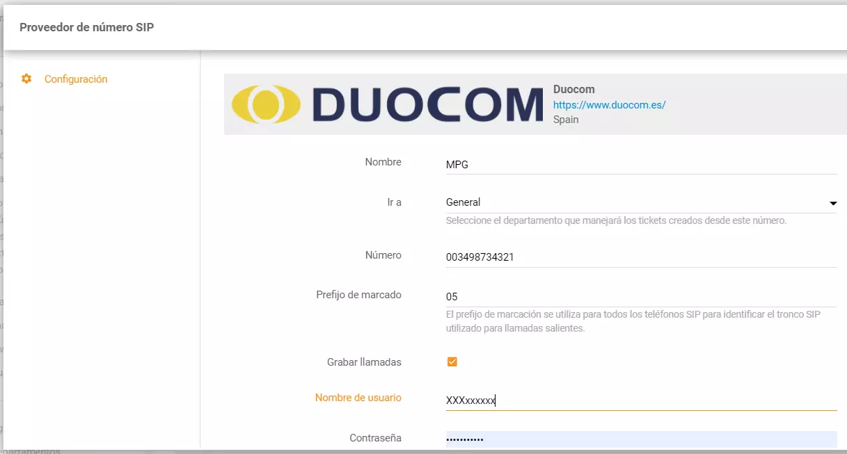 Skonfiguruj numer telefonu Duocom w LiveAgent