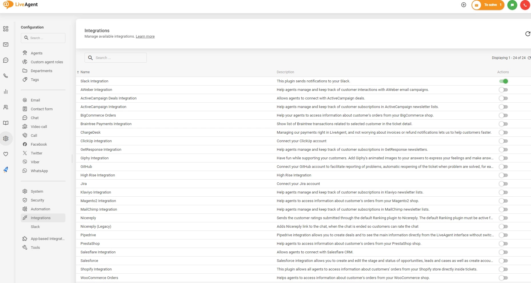 Aktywuj integracje w LiveAgent