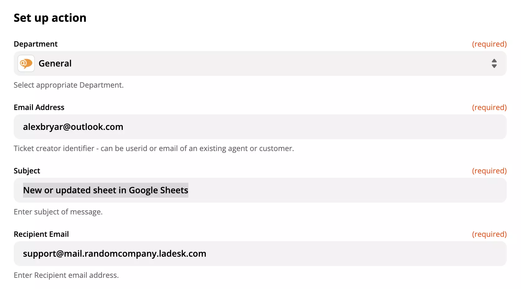 LiveAgent action setup in Google Sheets integration