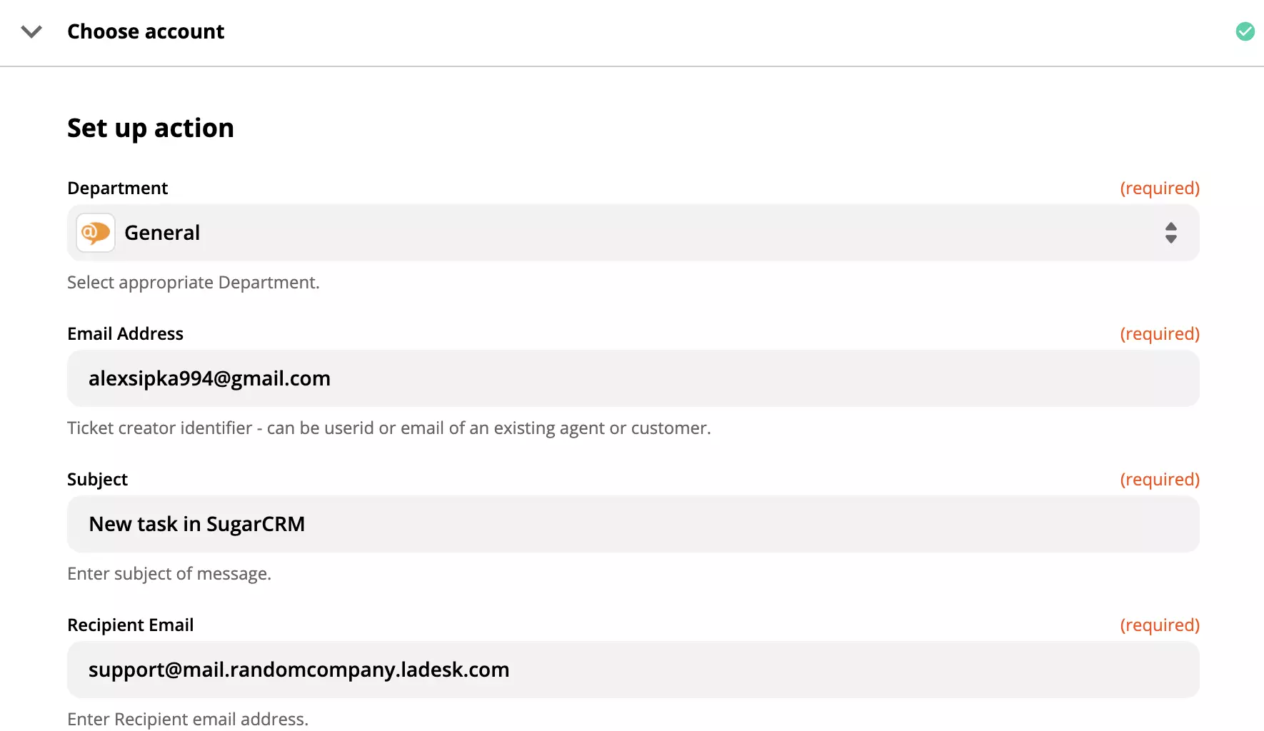 Konfiguracja akcji LiveAgent z wymaganymi polami
