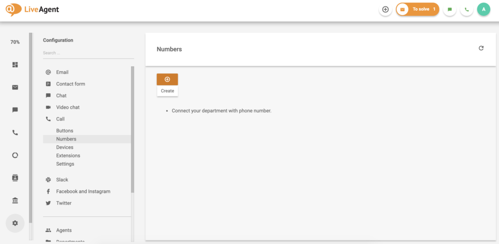 Ekran numeru połączenia LiveAgent z opcją tworzenia nowego numeru