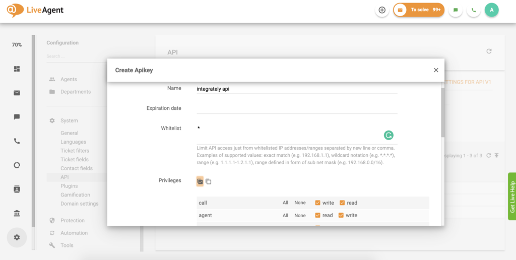 Ustawienie klucza API w LiveAgent