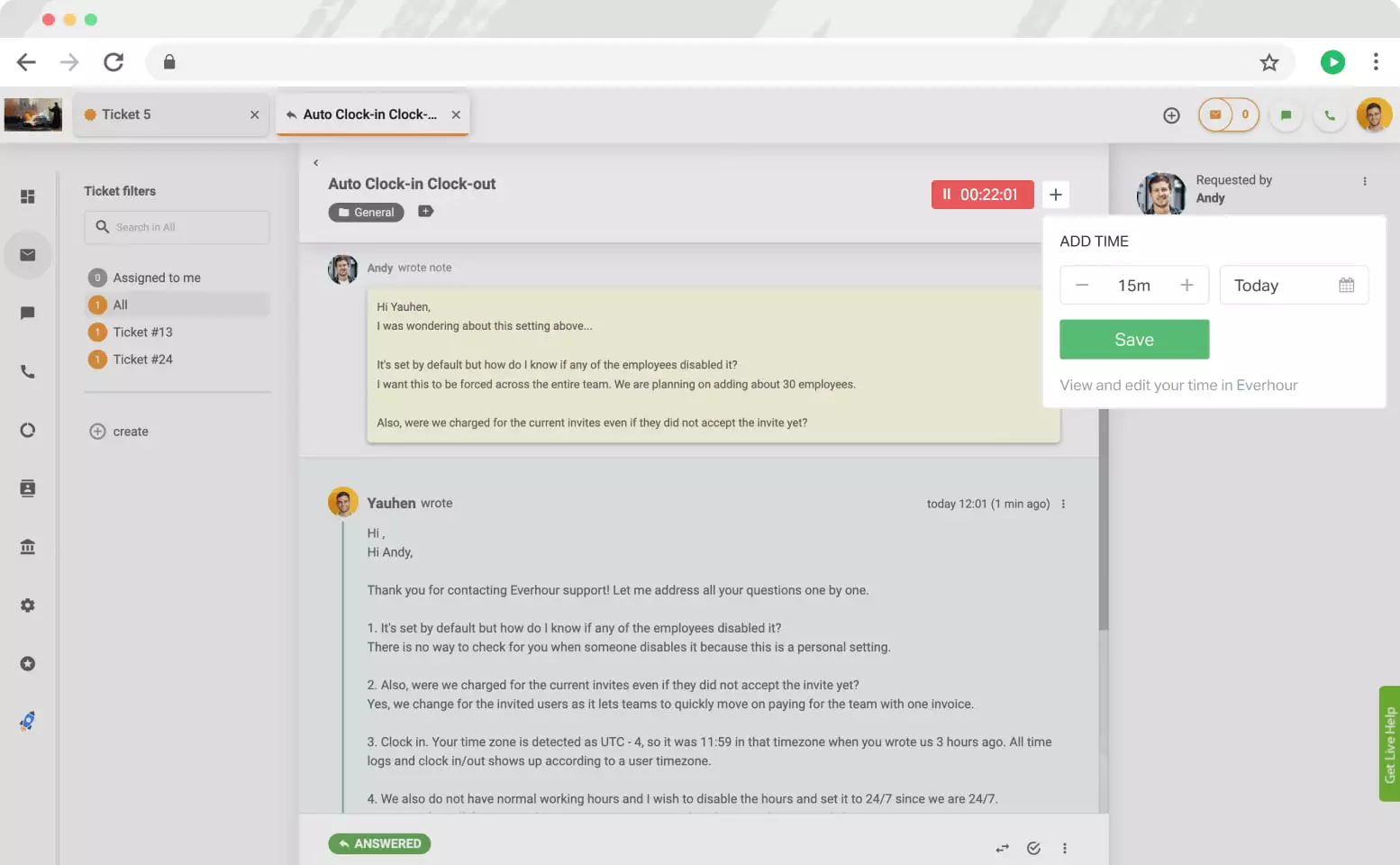 Kontrolki Everhour w LiveAgent
