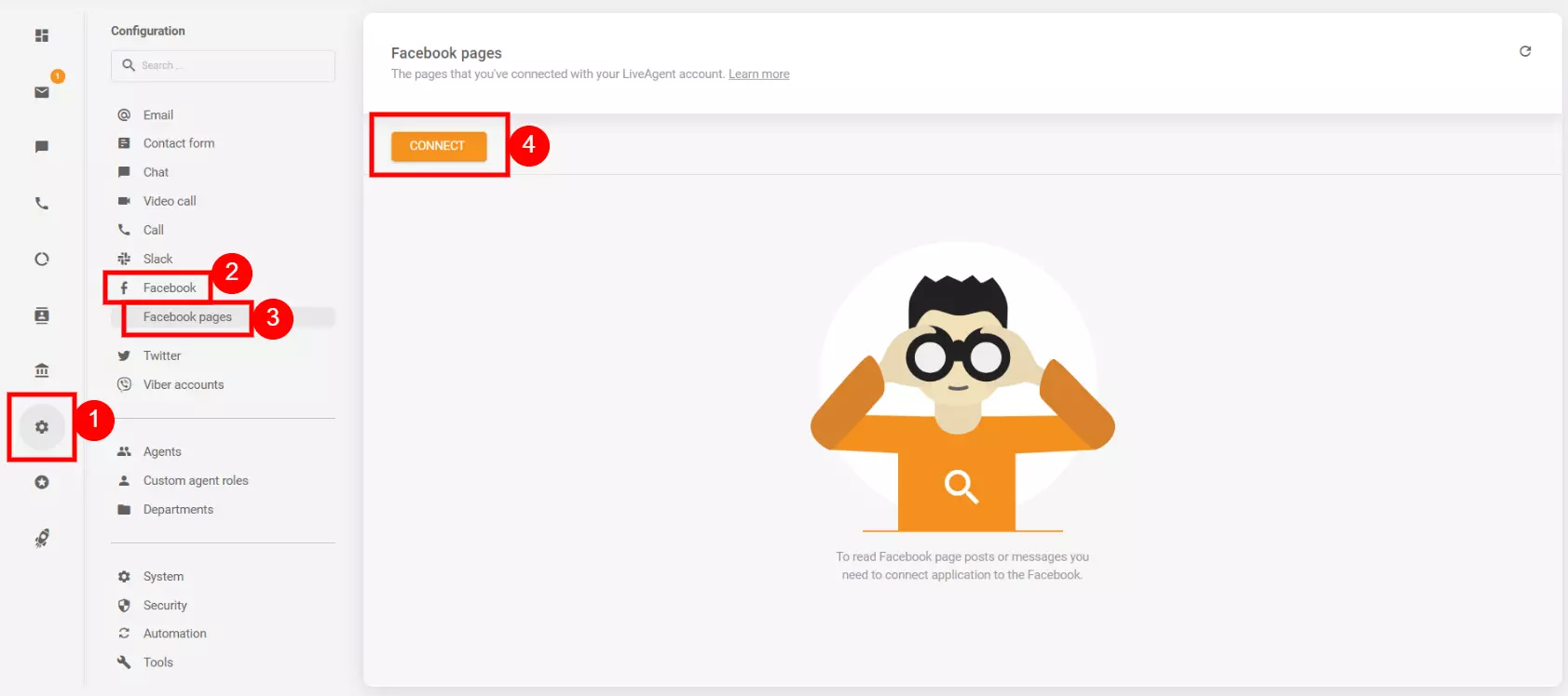 Configuration settings to connect your Facebook account with LiveAgent