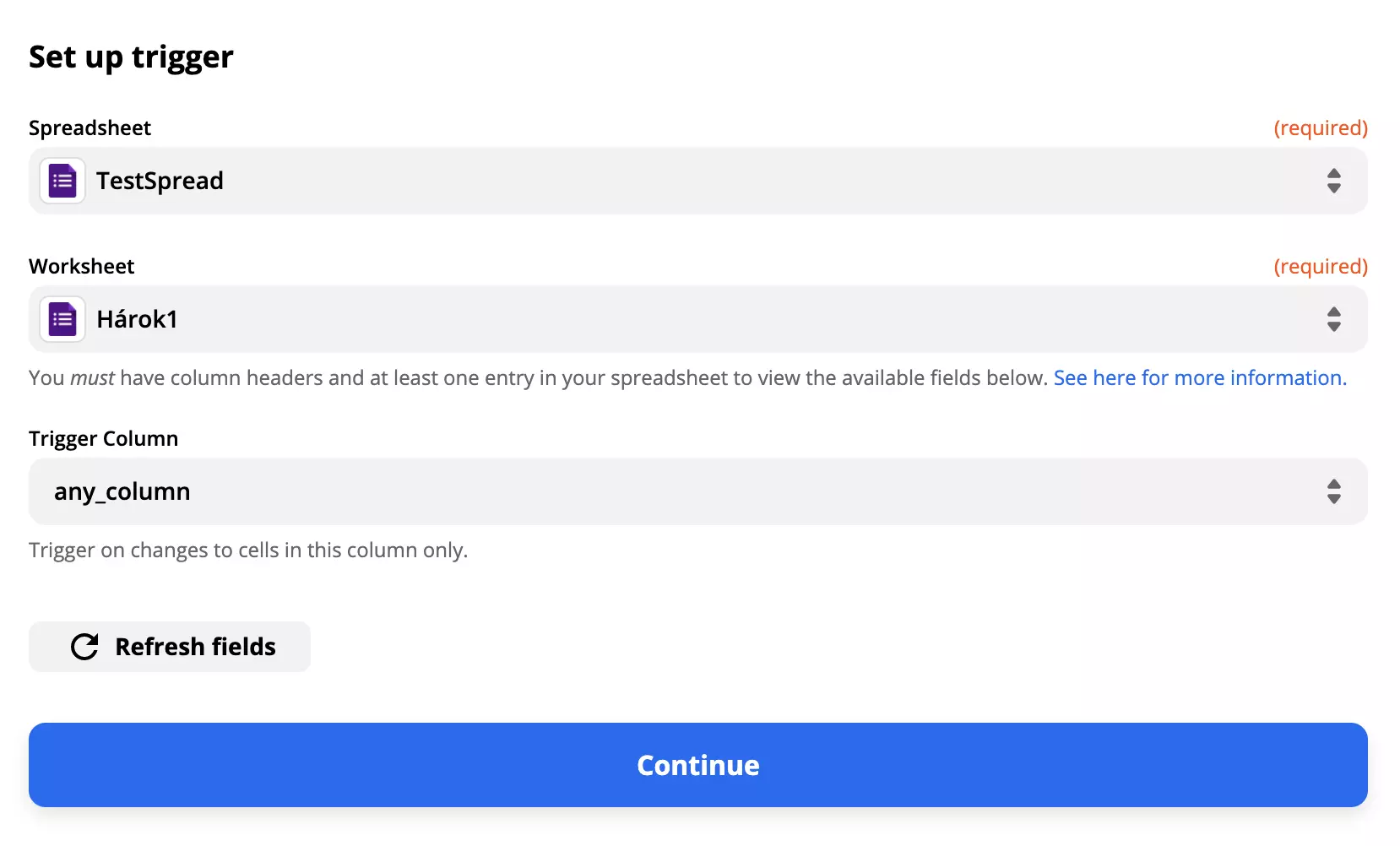 Przykład konfiguracji wyzwalacza Google Forms z wypełnionymi polami