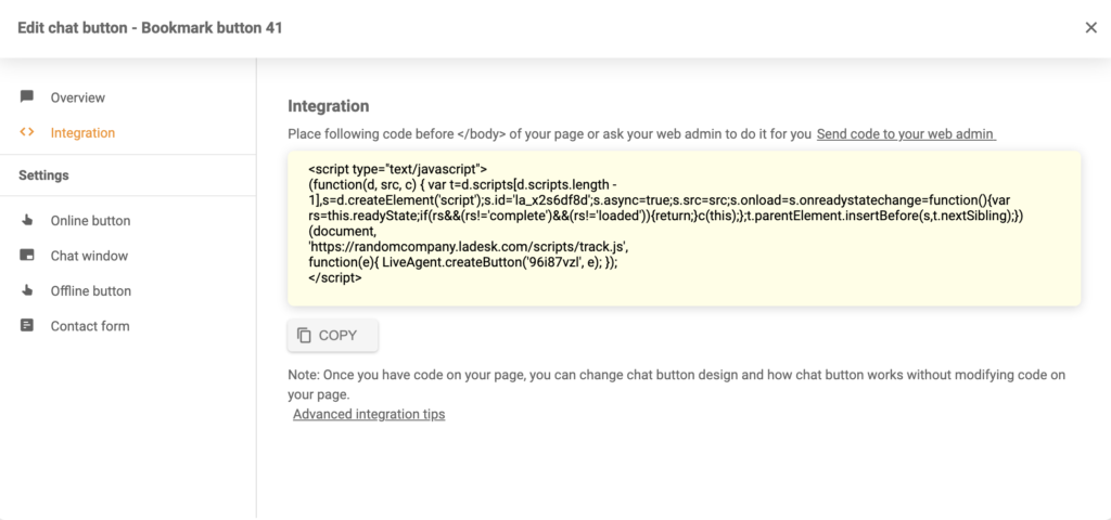 Wygenerowany kod integracji przycisku czatu w LiveAgent