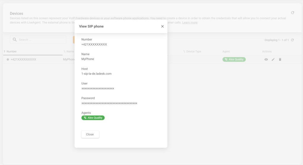 Szczegóły nowo utworzonego telefonu SIP w konfiguracji LiveAgent