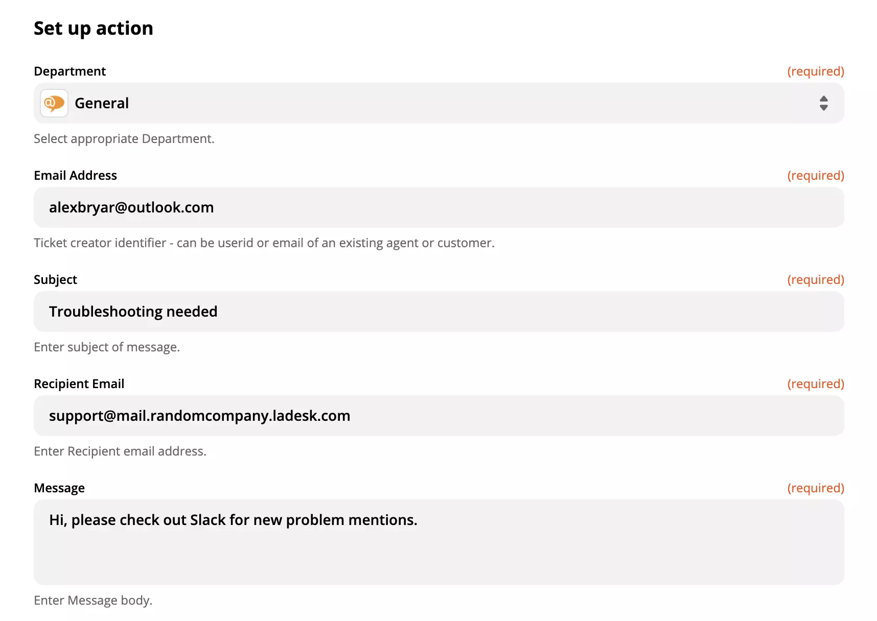 Wypełniona konfiguracja akcji LiveAgent