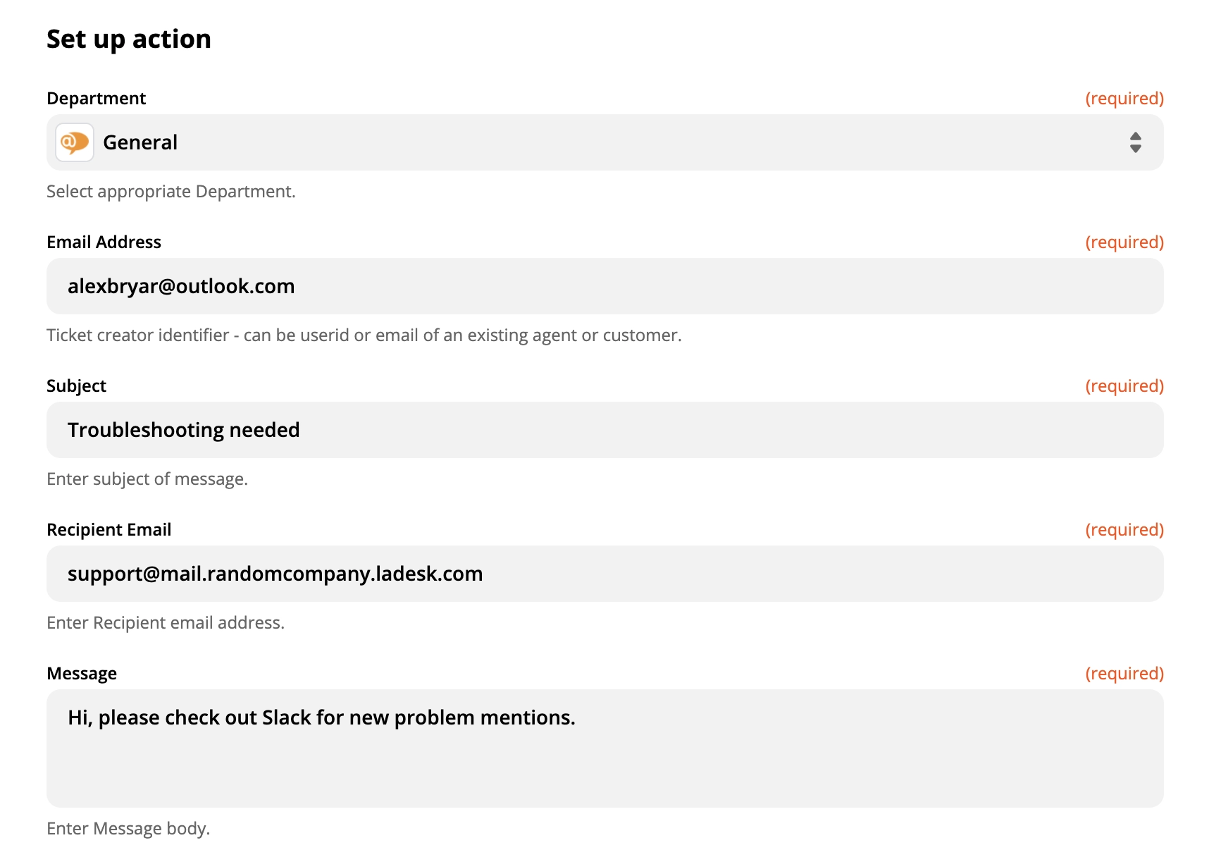 Przykład konfiguracji akcji LiveAgent na Zapier