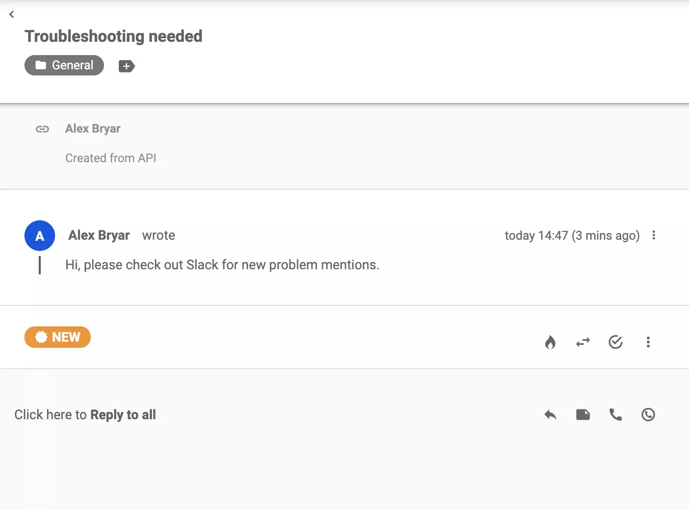 Zgłoszenie przesłane do LiveAgent po pojawieniu się słowa kluczowego w Slack
