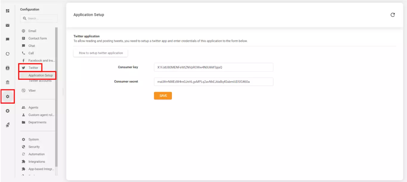 Obraz pokazuje, gdzie i jak połączyć swoje konto LiveAgent ze swoim utworzonym kontem Twitter (X)