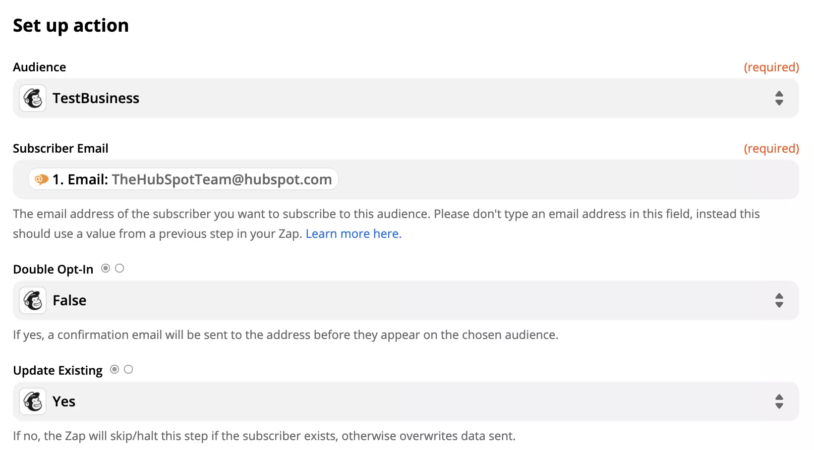Konfiguracja akcji Mailchimp