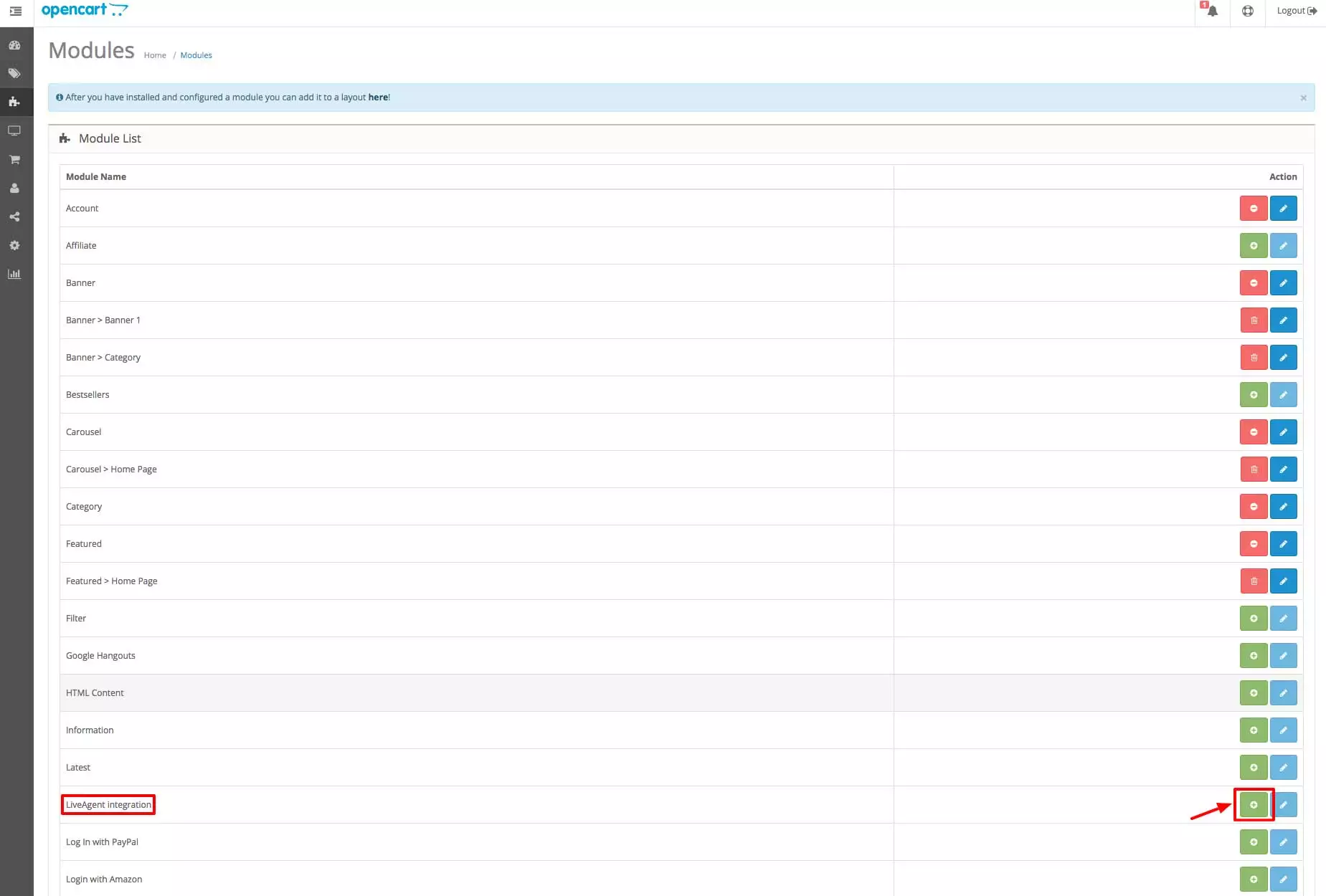 Integracja OpenCart LiveAgent - Sekcja Moduły