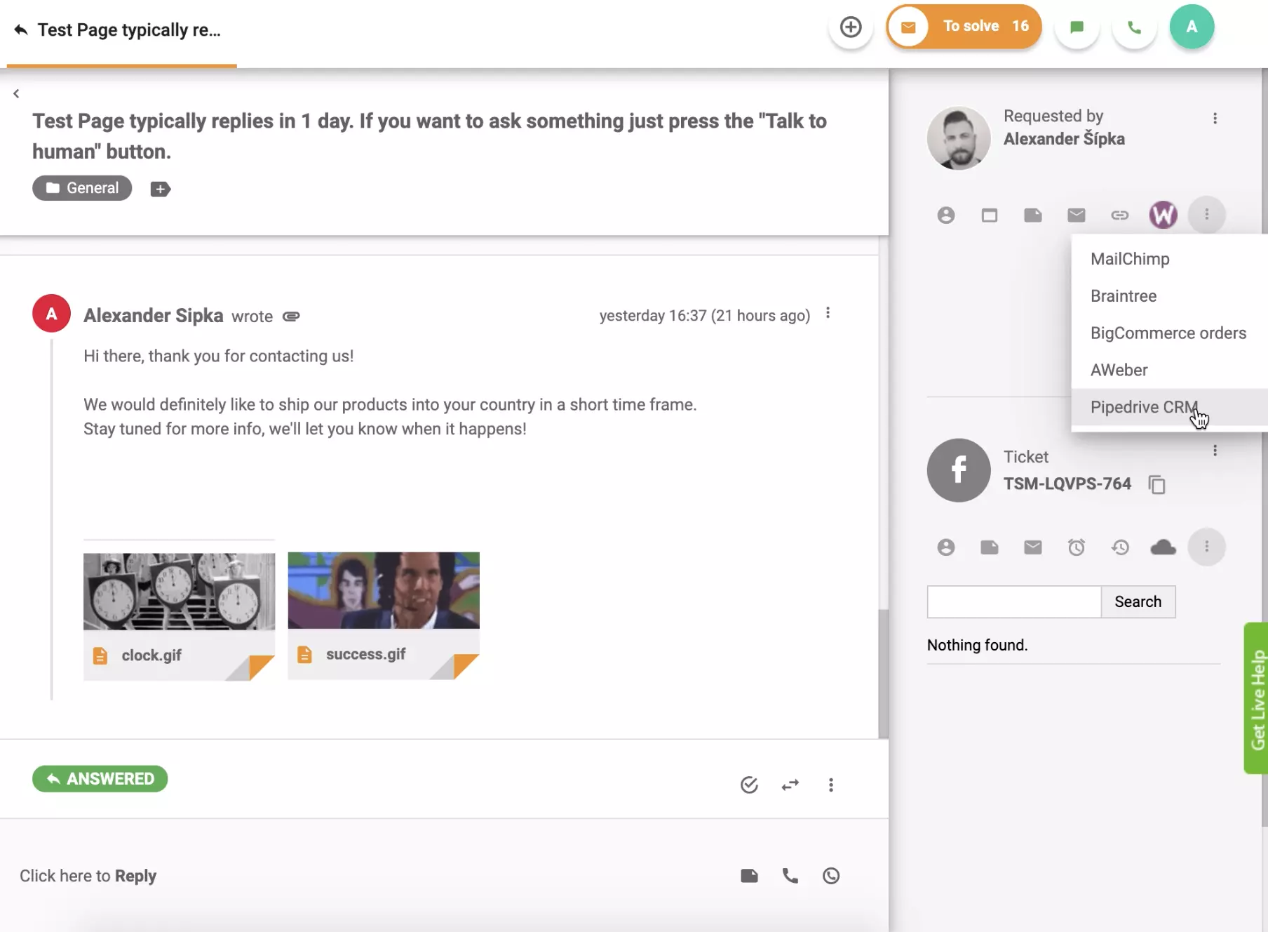 CRM PipeDrive jest aktywny w widoku zgłoszenia LiveAgent