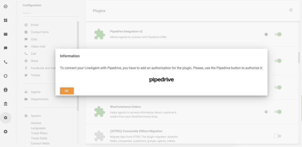 Kliknij logo PipeDrive, aby kontynuować integrację PipeDrive dla LiveAgent