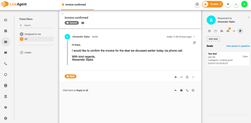 Transakcja PipeDrive w LiveAgent