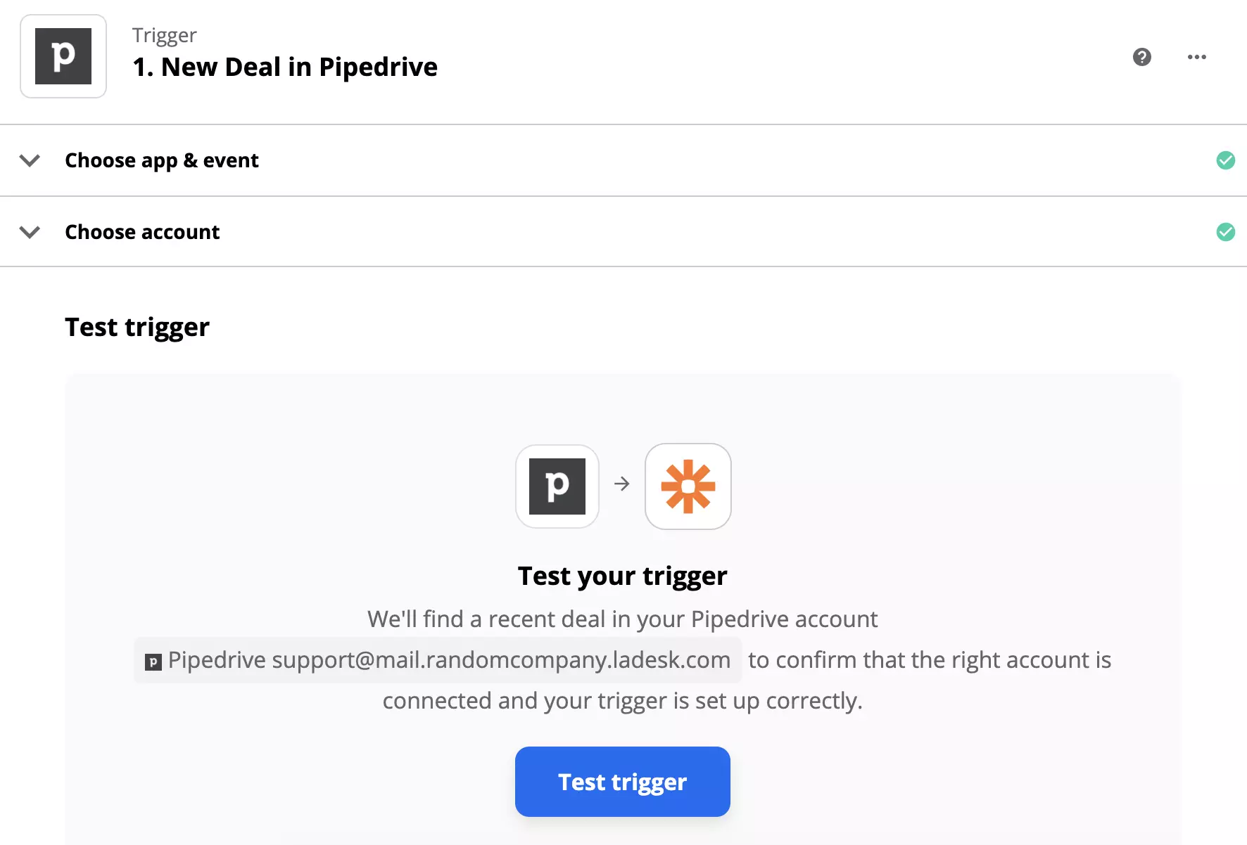 Test wyzwalacza PipeDrive po konfiguracji wyzwalacza na Zapier