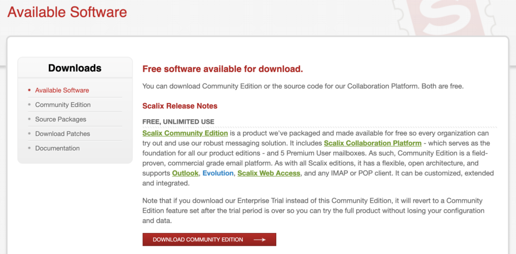 Strona internetowa Scalix z dostępnymi pobieraniami i informacjami o edycji