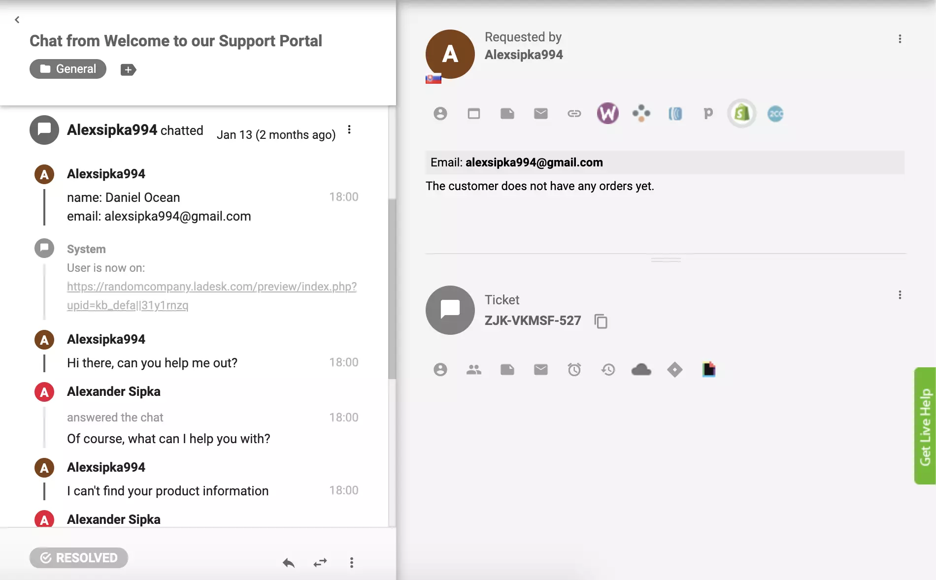 Wtyczka Shopify jest aktywna w LiveAgent i zamówienia klientów są widoczne z widoku zgłoszenia