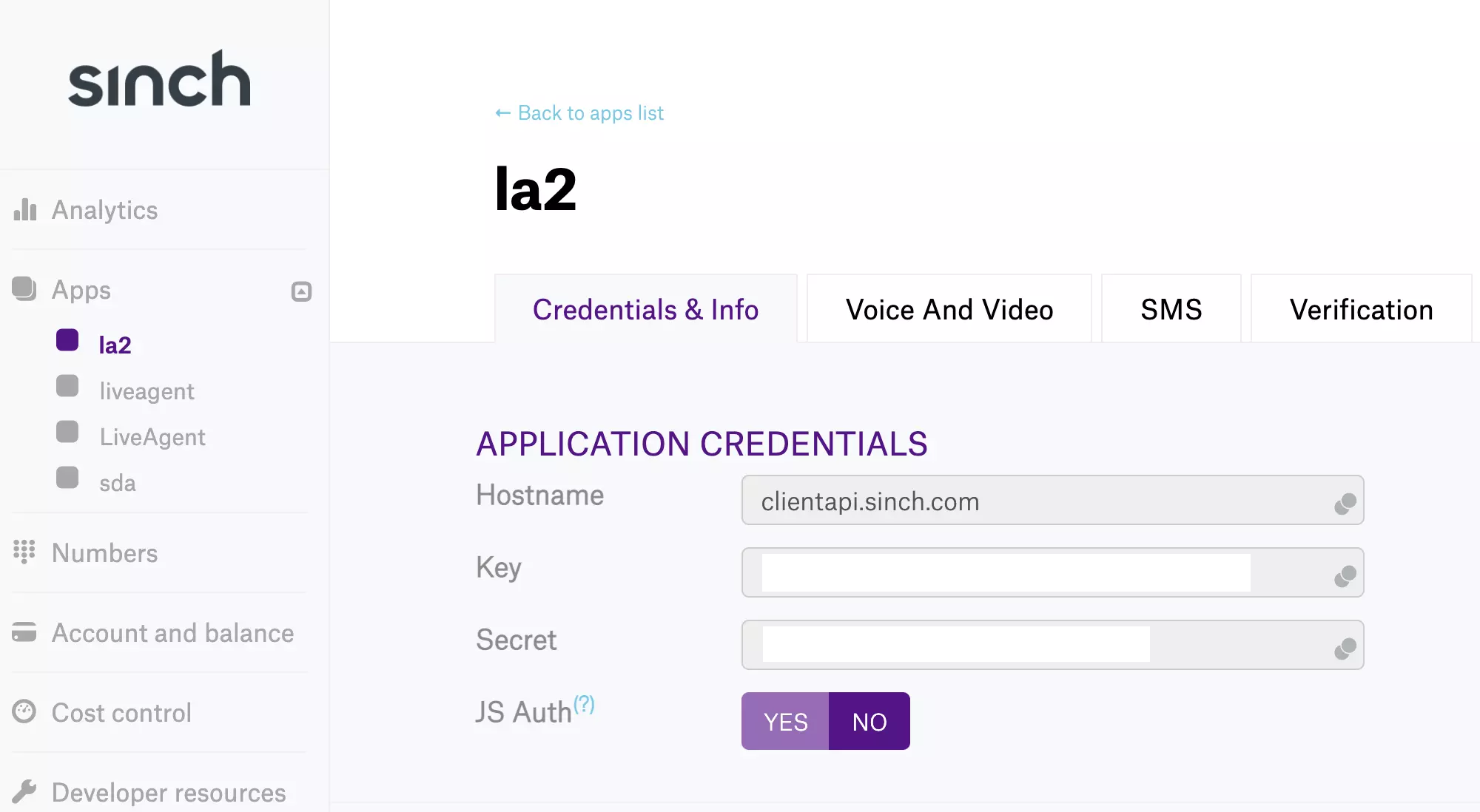 Klucz i sekret aplikacji Sinch w drugiej aplikacji