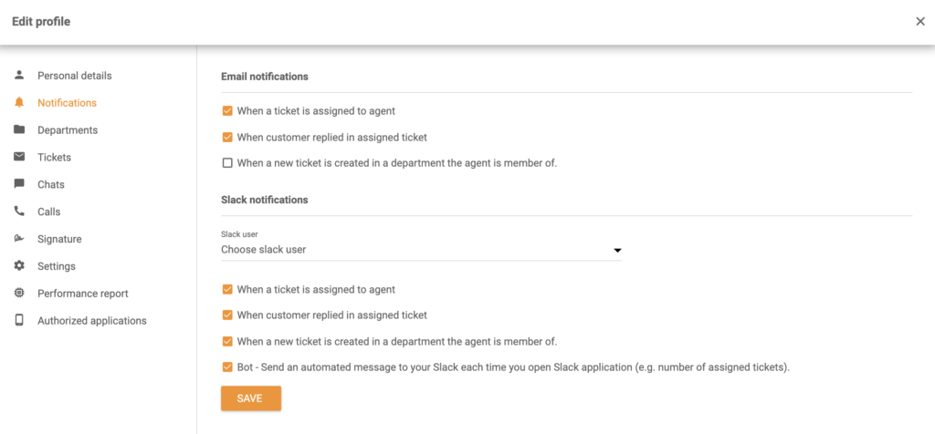 Opcje powiadomień Slack w sekcji Edytuj profil