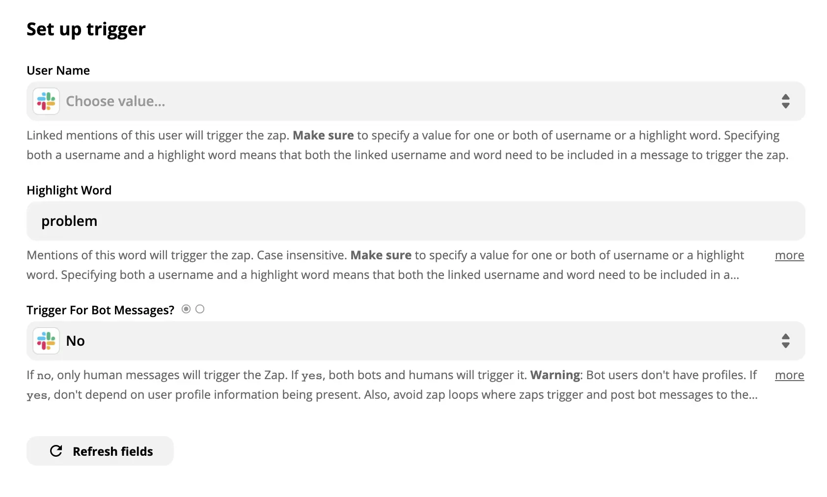 Przykład konfiguracji wyzwalacza Slack na Zapier