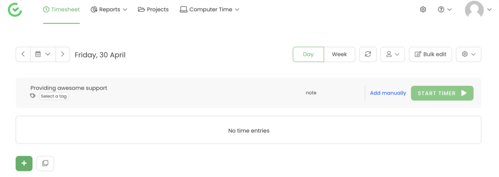 Wybór projektu TimeCamp z uruchomionym licznikiem