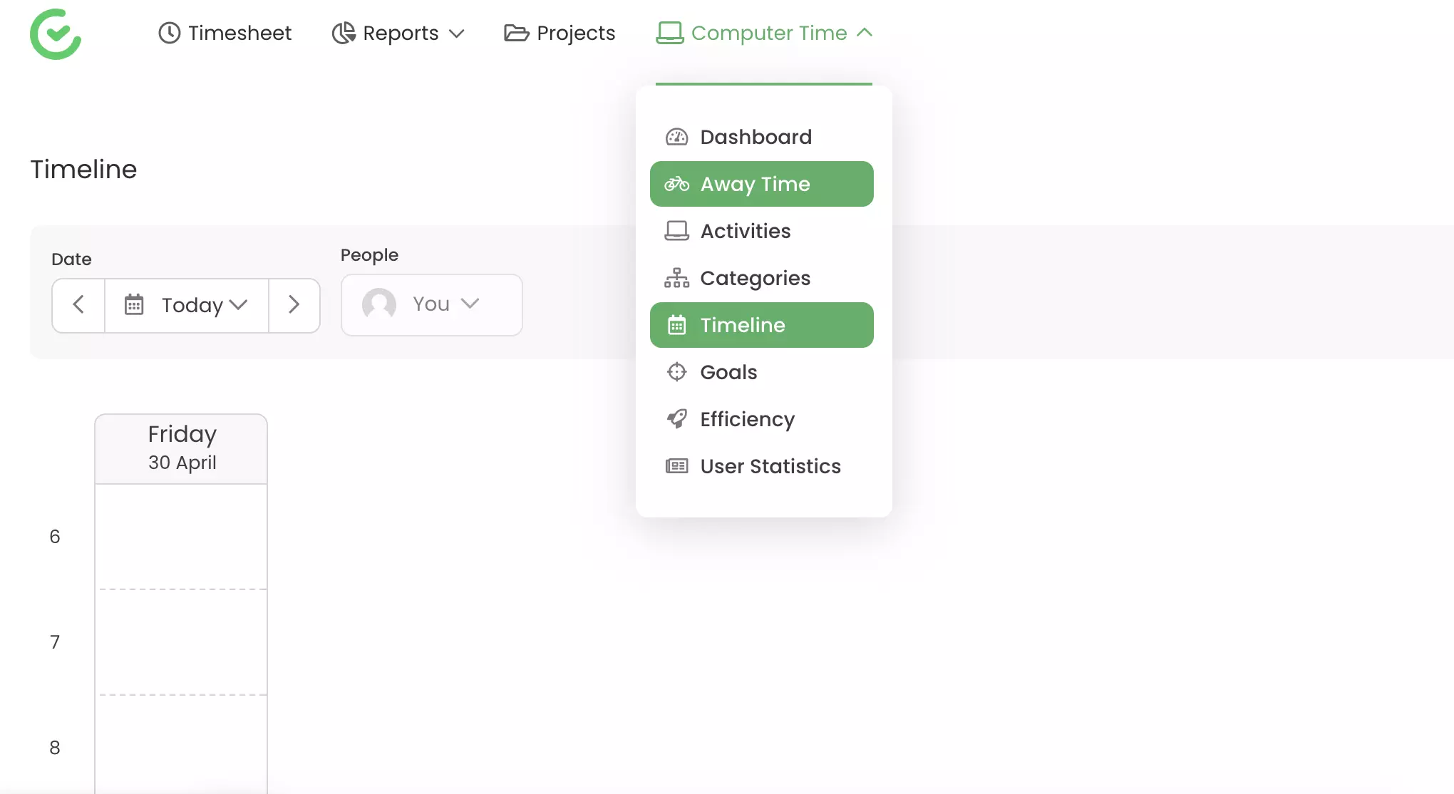 Możliwości śledzenia, takie jak czas nieobecności i oś czasu widoczne w TimeCamp