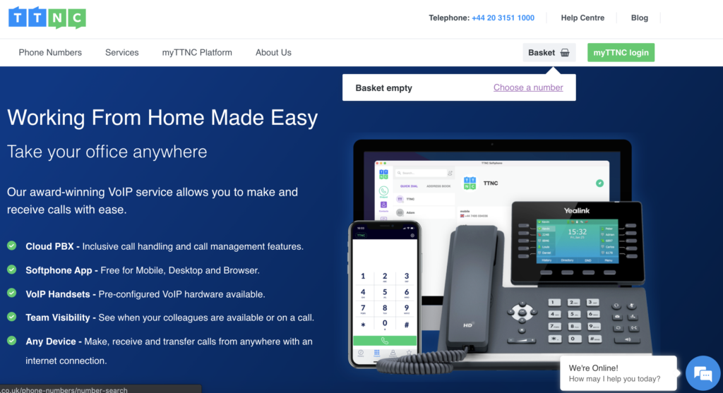 Strona TTNC z opcją koszyka i wyboru numeru w prawym górnym rogu