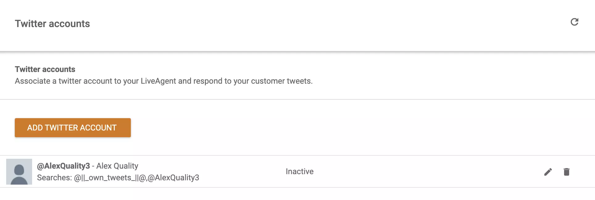 Obraz kont połączonych z LiveAgent i opcja dodania kolejnego konta Twitter (X) do listy