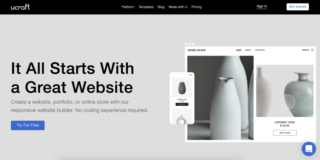 Strona główna Ucraft z przyciskiem Get Started w prawym górnym rogu