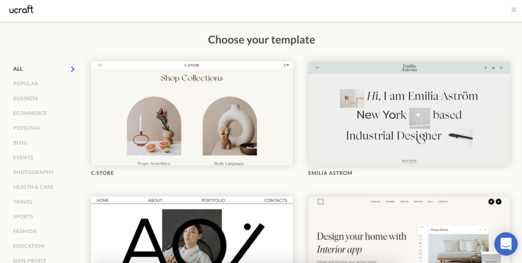 Ekran wyboru szablonu Ucraft z wieloma opcjami szablonów