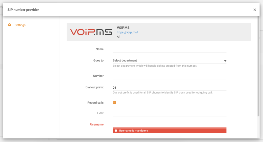 Konfiguracja VoIP.ms w ustawieniach połączeń LiveAgent