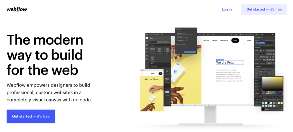 Strona główna Webflow z opcją trial w prawym górnym rogu