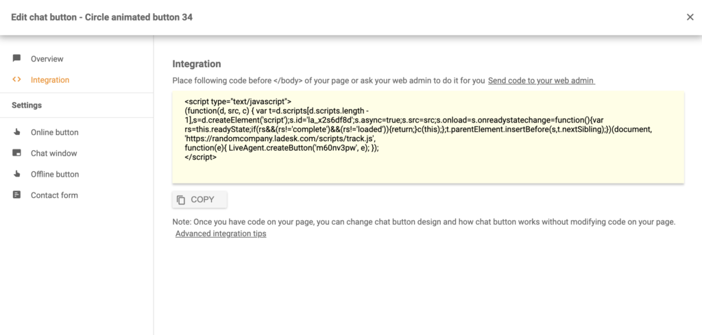 Kod przycisku czatu po udanej konfiguracji w LiveAgent