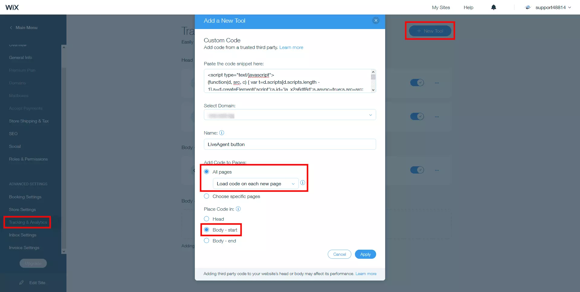 Umieść kod czatu na żywo LiveAgent w treści strony Wix