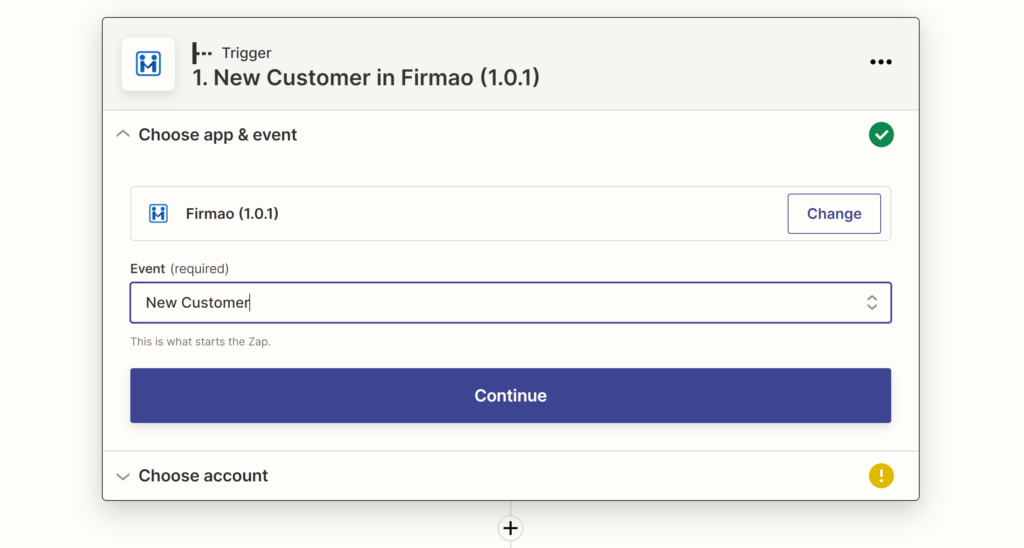 Wybór zdarzenia Firmao podczas konfiguracji integracji na Zapier