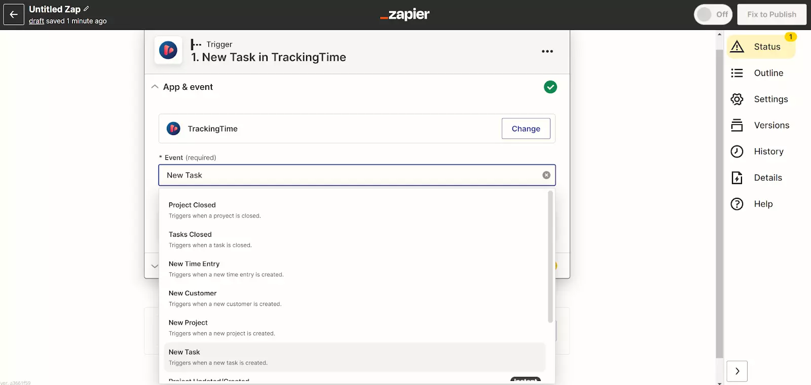 Zapier - nowe zadanie w TrackingTime