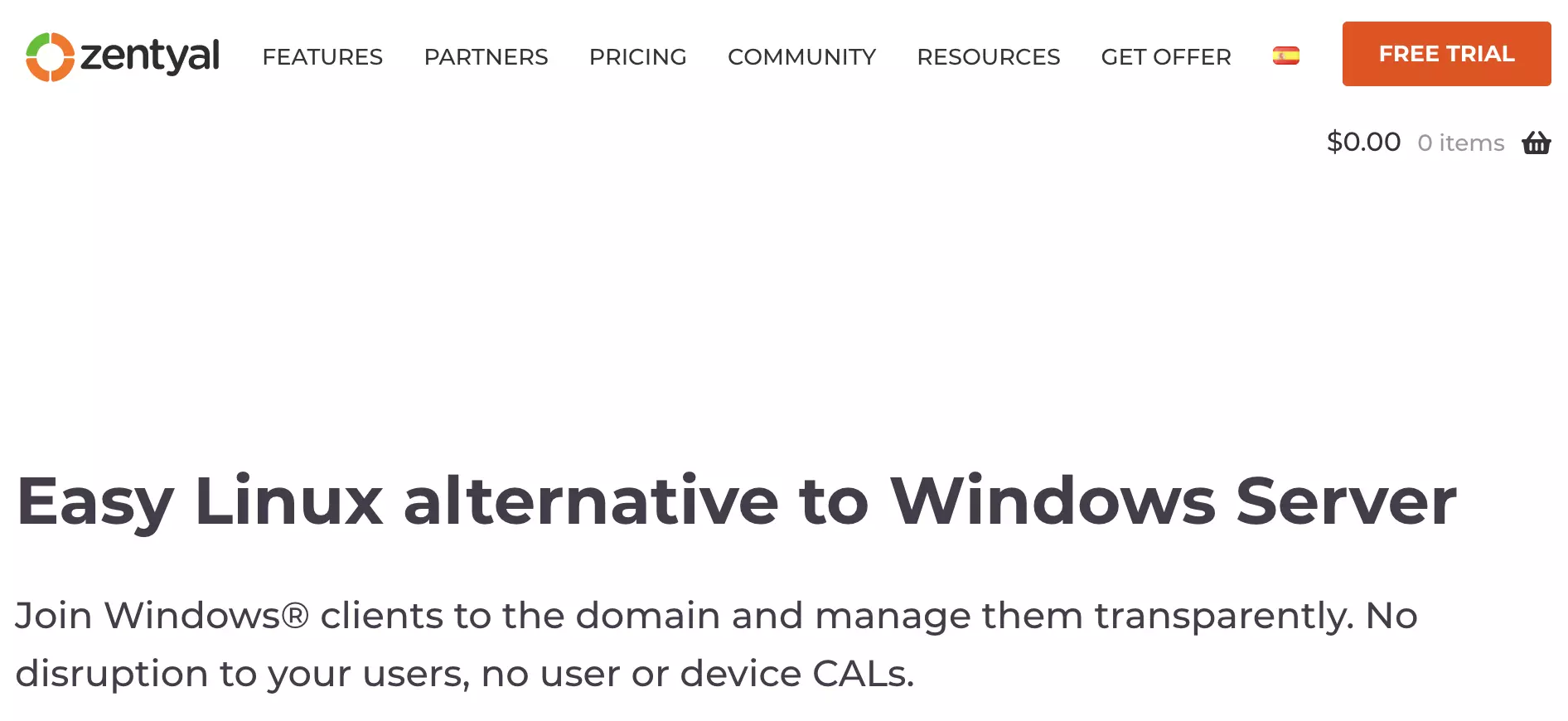 Zentyal homepage with subpages and information