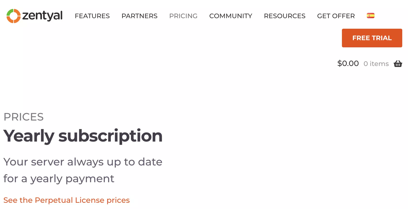 Zentyal paid plans section on the Zentyal website