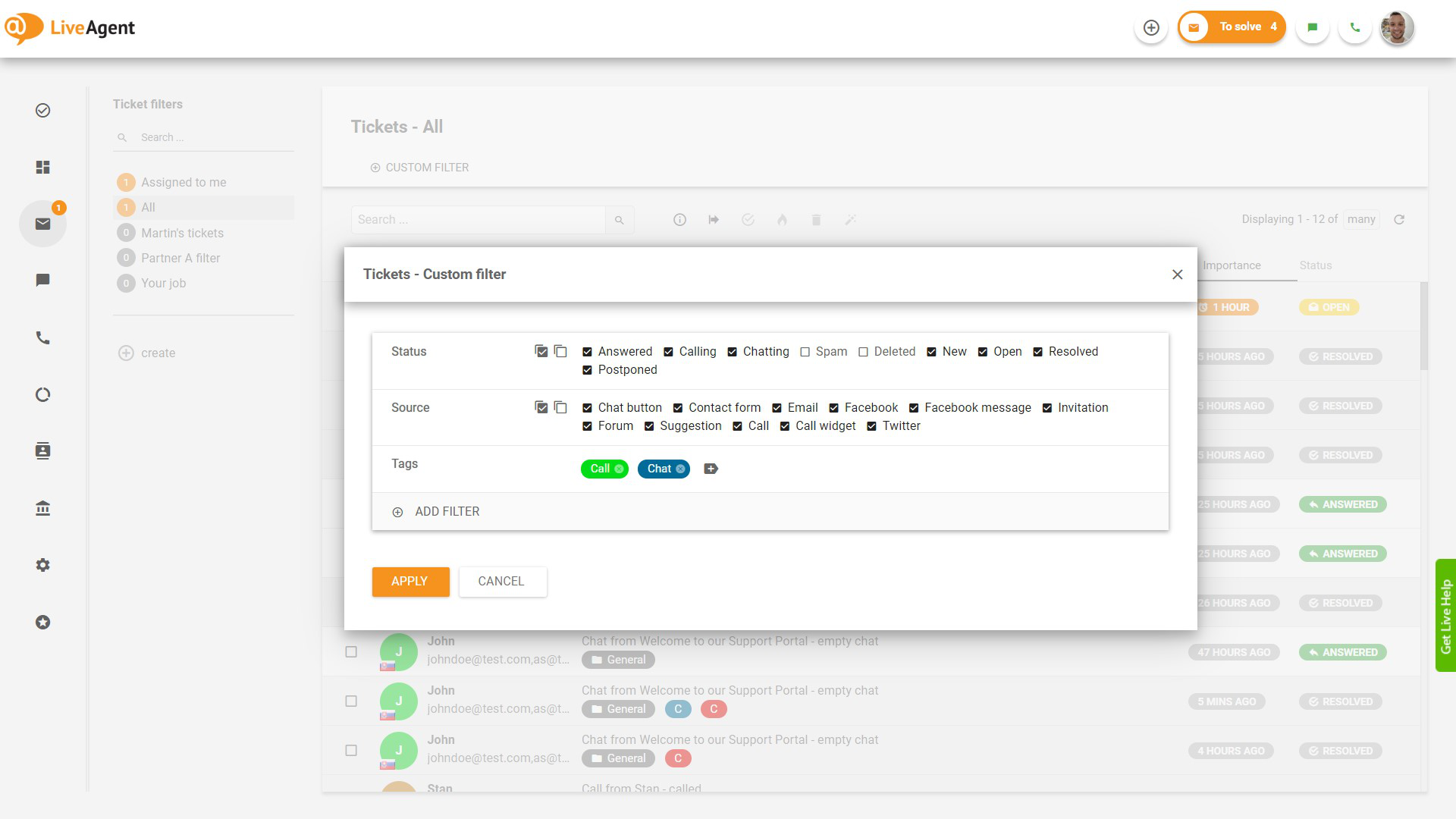 Funkcja filtrowania zgłoszeń po tagach w LiveAgent