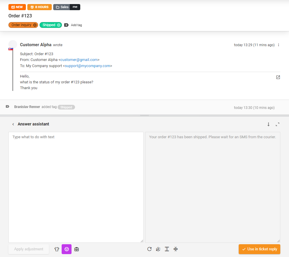 Narzędzie asystenta AI w użyciu do odpowiedzi na zgłoszenie.